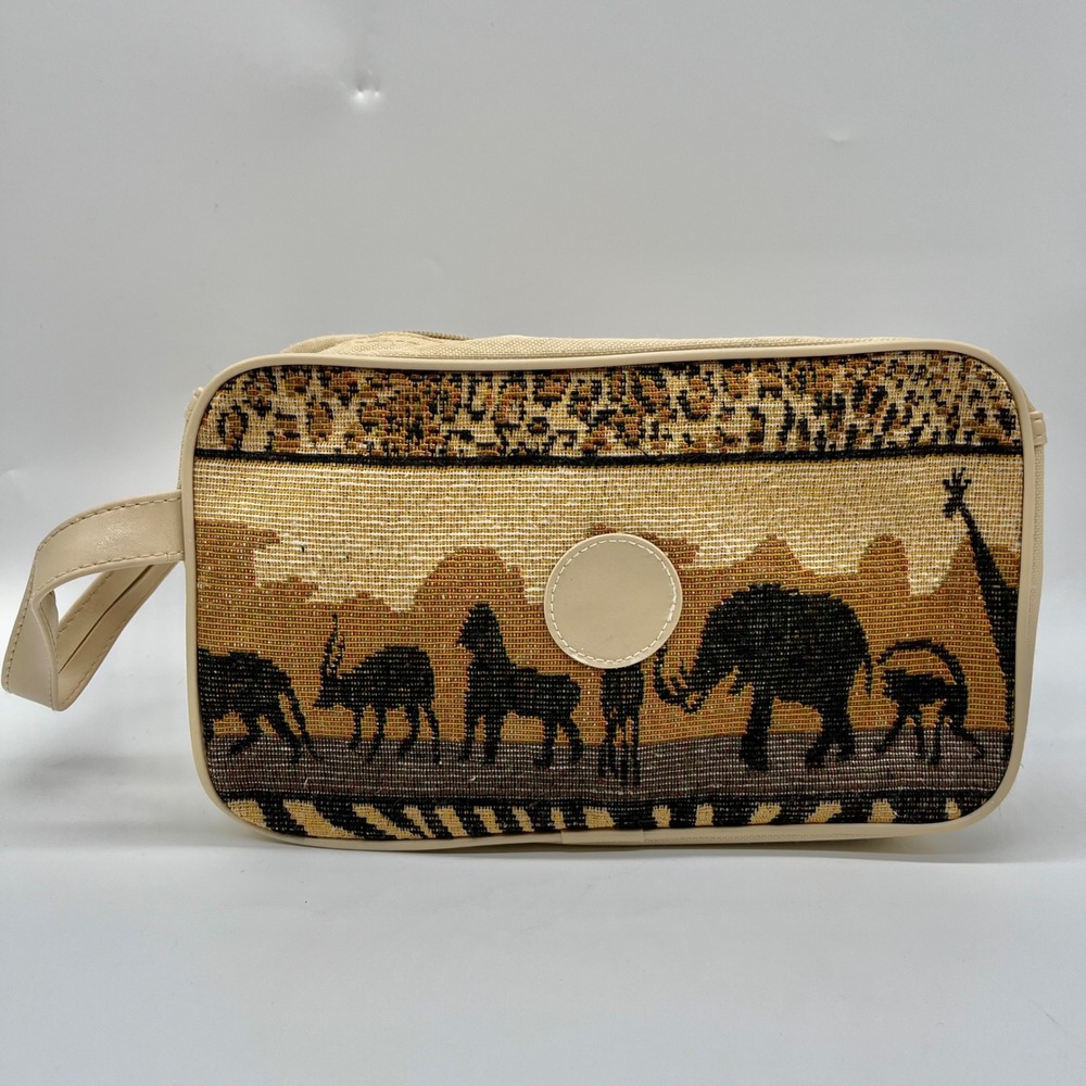 Vtg 90s Y2K Safari African Wildlife Tapestry Toiletry Bag‎ Cosmetic Makeup Bag